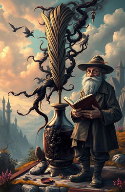 A mystical quill and an ornate ink bottle, with ink flowing out and morphing into shadowy figures and ethereal wisps, symbolizing the connection between creativity and darkness