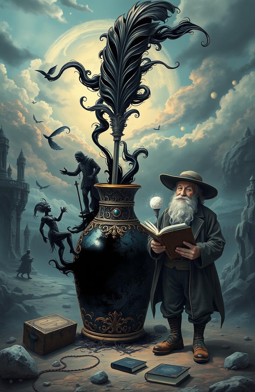 A mystical quill and an ornate ink bottle, with ink flowing out and morphing into shadowy figures and ethereal wisps, symbolizing the connection between creativity and darkness