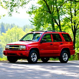 A vibrant red 2000 Chevy Tracker, a compact SUV featuring four doors, parked in a scenic outdoor setting