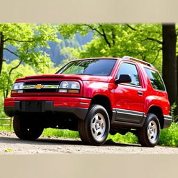 A vibrant red 2000 Chevy Tracker, a compact SUV featuring four doors, parked in a scenic outdoor setting