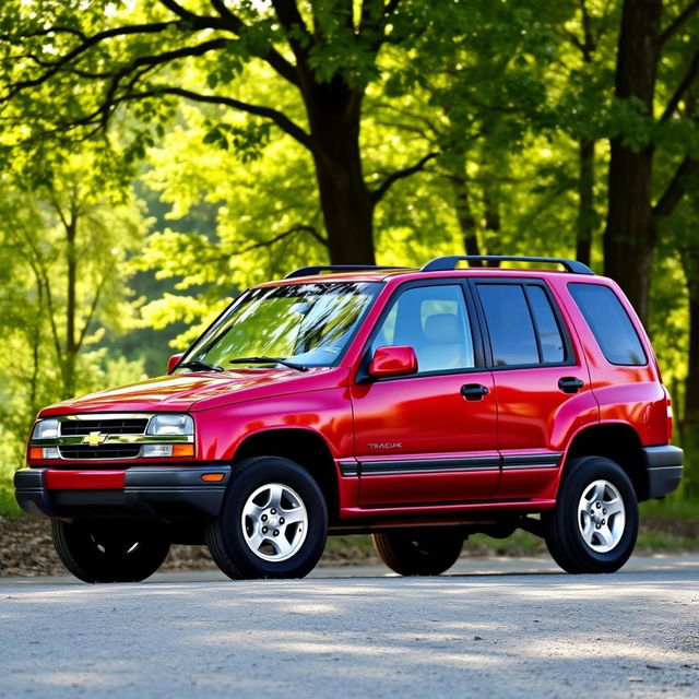 A vibrant red 2000 Chevy Tracker, a compact SUV featuring four doors, parked in a scenic outdoor setting