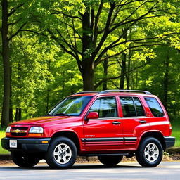 A vibrant red 2000 Chevy Tracker, a compact SUV featuring four doors, parked in a scenic outdoor setting