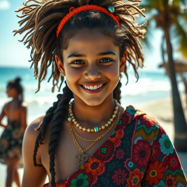 A stunning close-up of a vibrant and colorful teen fashion scene featuring a model wearing a stylish and modern tanga, showcasing intricate patterns and fabrics