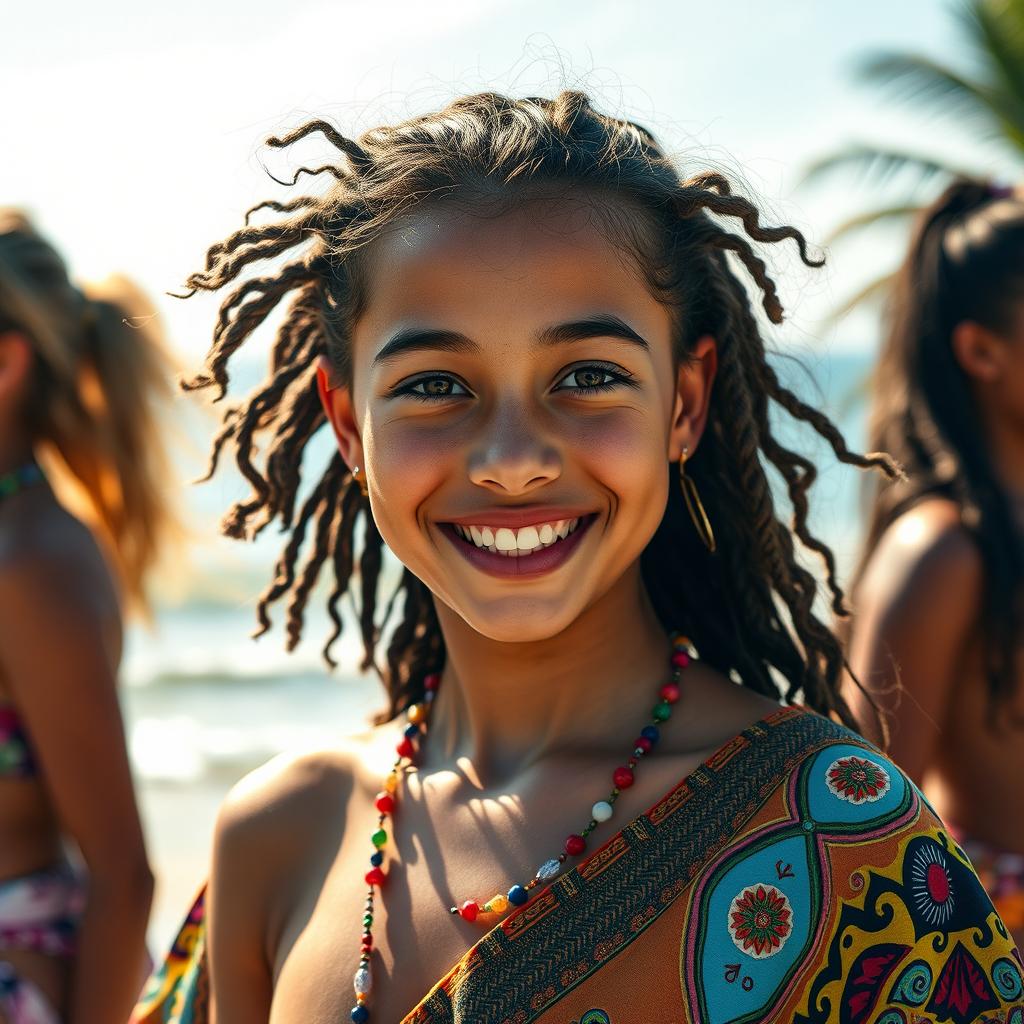 A stunning close-up of a vibrant and colorful teen fashion scene featuring a model wearing a stylish and modern tanga, showcasing intricate patterns and fabrics