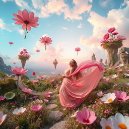 A surreal and dreamlike landscape featuring whimsical elements such as oversized flowers, floating islands, and pastel skies