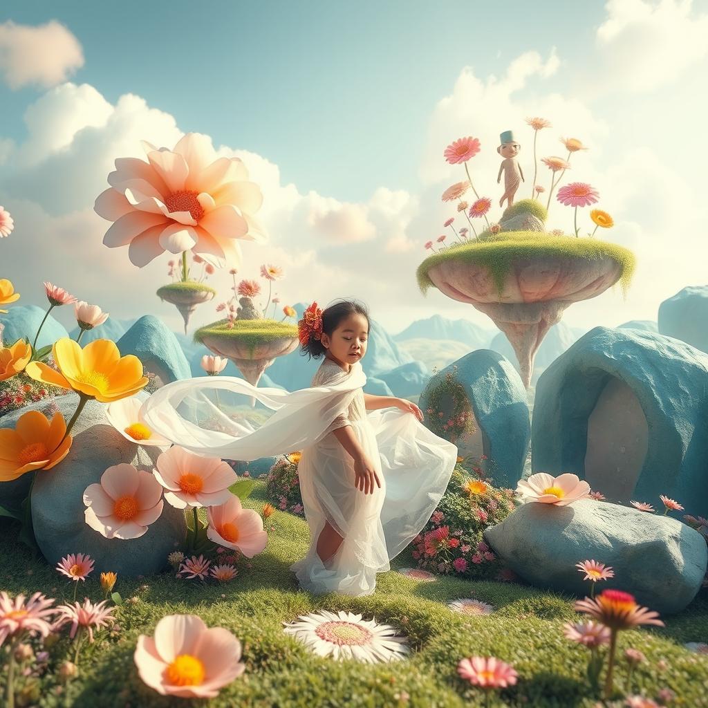 A surreal and dreamlike landscape featuring whimsical elements such as oversized flowers, floating islands, and pastel skies