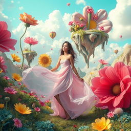 A surreal and dreamlike landscape featuring whimsical elements such as oversized flowers, floating islands, and pastel skies