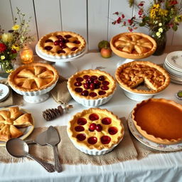 A beautifully arranged dessert table featuring an assortment of pies, including a classic apple pie, cherry pie, and pumpkin pie