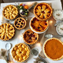 A beautifully arranged dessert table featuring an assortment of pies, including a classic apple pie, cherry pie, and pumpkin pie