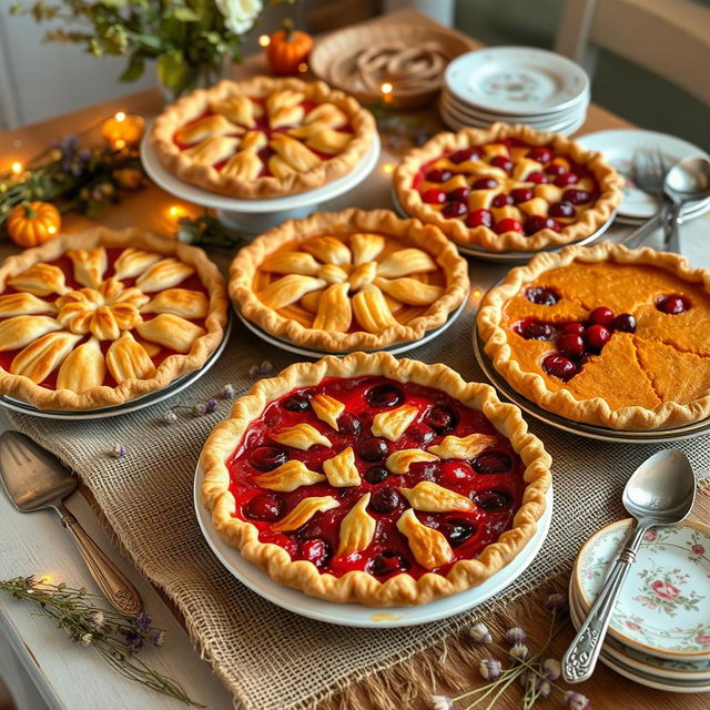 A beautifully arranged dessert table featuring an assortment of pies, including a classic apple pie, cherry pie, and pumpkin pie