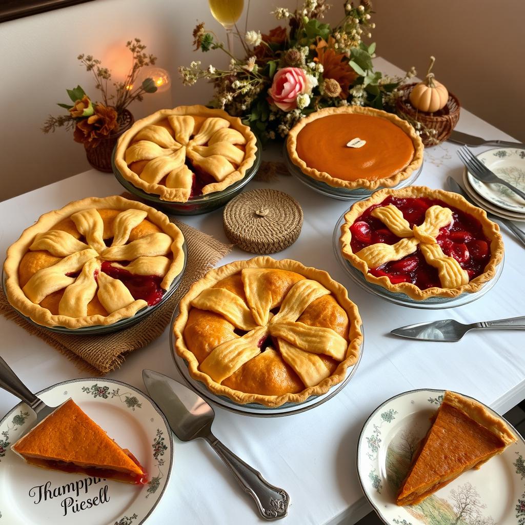 A beautifully arranged dessert table featuring an assortment of pies, including a classic apple pie, cherry pie, and pumpkin pie