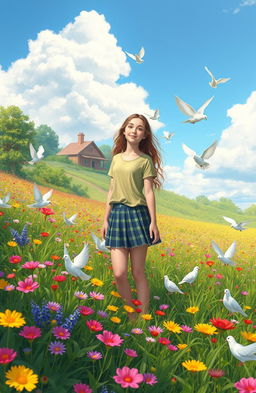 A serene scene depicting a teenage girl standing gracefully in a vibrant prairie filled with a myriad of colorful flowers in full bloom and lush green plants