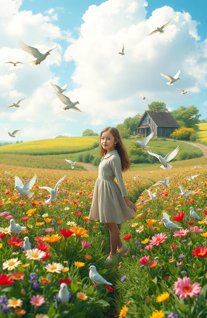 A serene scene depicting a teenage girl standing gracefully in a vibrant prairie filled with a myriad of colorful flowers in full bloom and lush green plants