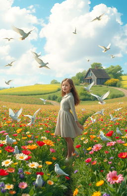 A serene scene depicting a teenage girl standing gracefully in a vibrant prairie filled with a myriad of colorful flowers in full bloom and lush green plants