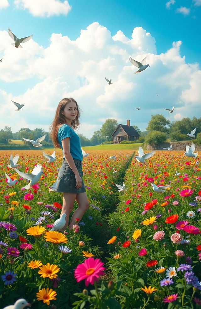 A serene scene depicting a teenage girl standing gracefully in a vibrant prairie filled with a myriad of colorful flowers in full bloom and lush green plants