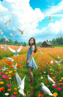 A serene scene depicting a teenage girl standing gracefully in a vibrant prairie filled with a myriad of colorful flowers in full bloom and lush green plants