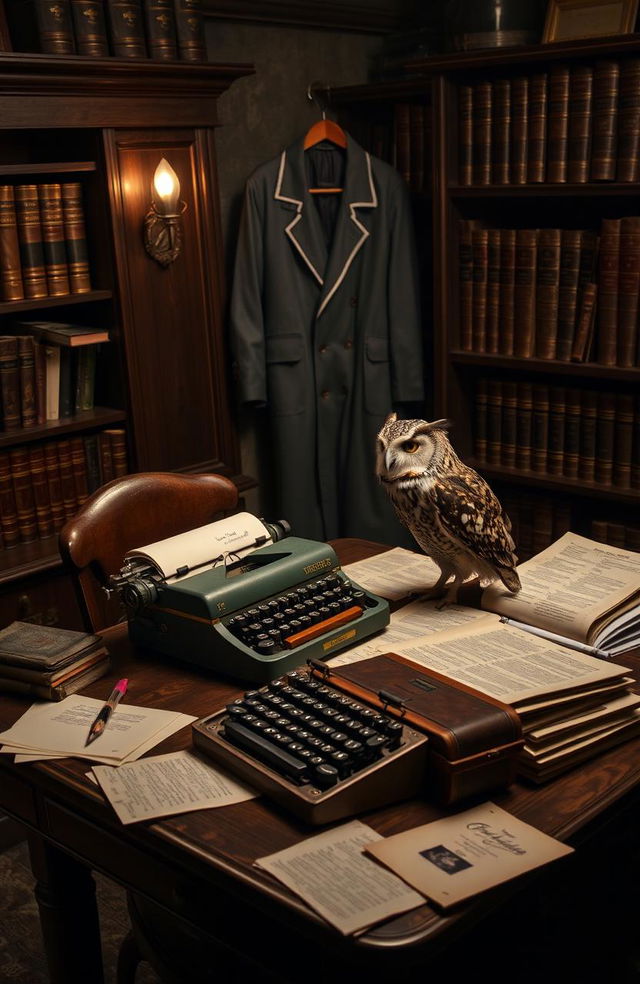 A cozy writer's desk set in a mysterious writing room, featuring an old typewriter, scattered papers, and bookshelves filled with leather-bound books