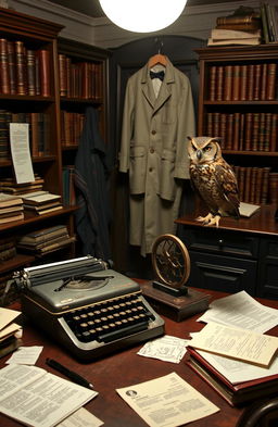 A cozy writer's desk set in a mysterious writing room, featuring an old typewriter, scattered papers, and bookshelves filled with leather-bound books
