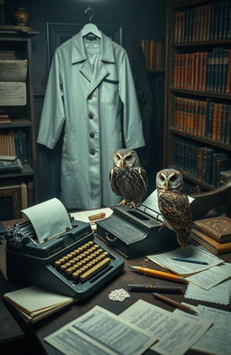 A cozy writer's desk set in a mysterious writing room, featuring an old typewriter, scattered papers, and bookshelves filled with leather-bound books