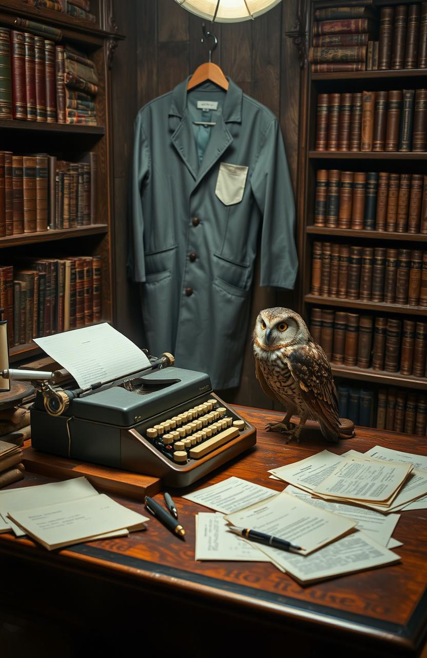 A cozy writer's desk set in a mysterious writing room, featuring an old typewriter, scattered papers, and bookshelves filled with leather-bound books