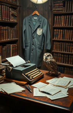 A cozy writer's desk set in a mysterious writing room, featuring an old typewriter, scattered papers, and bookshelves filled with leather-bound books