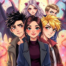 A captivating cover illustration featuring a beautiful girl in the center, radiating charm and confidence, with two handsome boys on either side, both looking smitten and in love with her