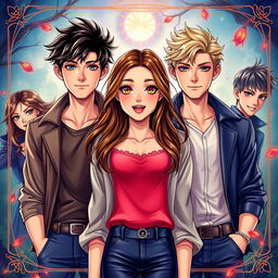 A captivating cover illustration featuring a beautiful girl in the center, radiating charm and confidence, with two handsome boys on either side, both looking smitten and in love with her