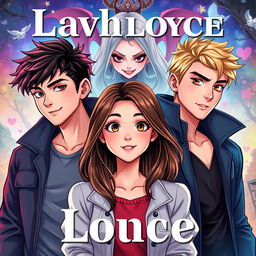 A captivating cover illustration featuring a beautiful girl in the center, radiating charm and confidence, with two handsome boys on either side, both looking smitten and in love with her