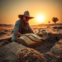 An archaeologist in an Egyptian desert, excavating the tomb of Tutankhamun, surrounded by ancient hieroglyphs and artifacts