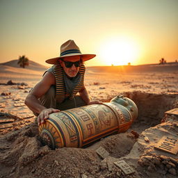 An archaeologist in an Egyptian desert, excavating the tomb of Tutankhamun, surrounded by ancient hieroglyphs and artifacts
