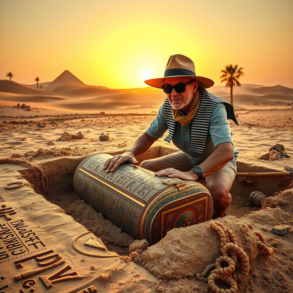 An archaeologist in an Egyptian desert, excavating the tomb of Tutankhamun, surrounded by ancient hieroglyphs and artifacts