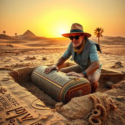 An archaeologist in an Egyptian desert, excavating the tomb of Tutankhamun, surrounded by ancient hieroglyphs and artifacts