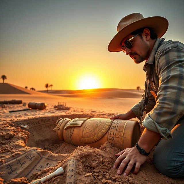 An archaeologist in an Egyptian desert, excavating the tomb of Tutankhamun, surrounded by ancient hieroglyphs and artifacts