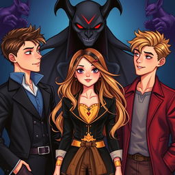 A captivating book cover featuring a girl in the center with two handsome boys gazing at her with admiration, showcasing a romantic tension