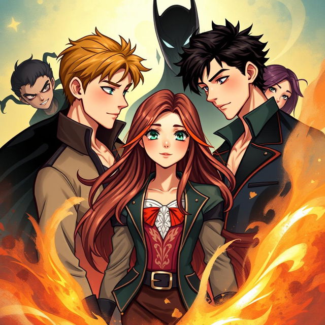 A captivating book cover featuring a girl in the center with two handsome boys gazing at her with admiration, showcasing a romantic tension