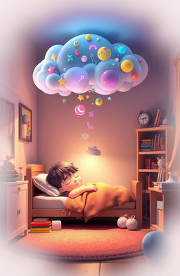 A serene and magical scene depicting a 3D young boy peacefully sleeping in his cozy bedroom