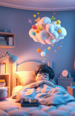 A serene and magical scene depicting a 3D young boy peacefully sleeping in his cozy bedroom
