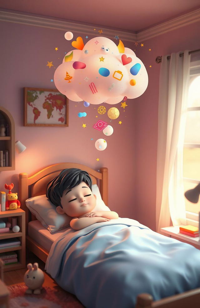 A serene and magical scene depicting a 3D young boy peacefully sleeping in his cozy bedroom