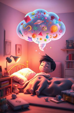A serene and magical scene depicting a 3D young boy peacefully sleeping in his cozy bedroom