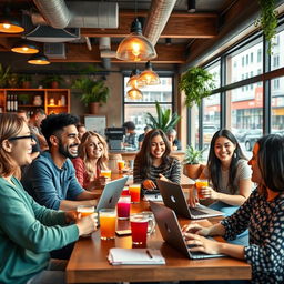 A lively and vibrant digital cafe scene, featuring a diverse group of young adults engaged in animated conversations