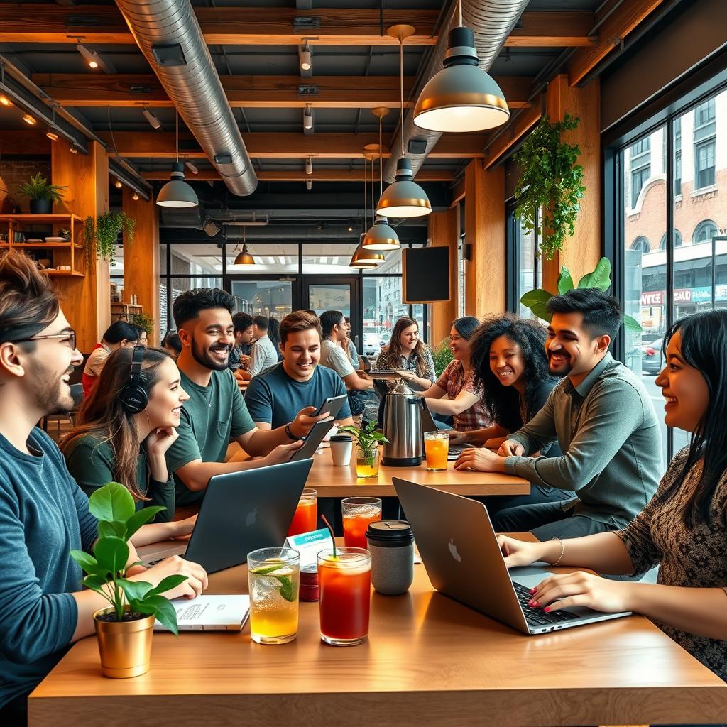 A lively and vibrant digital cafe scene, featuring a diverse group of young adults engaged in animated conversations