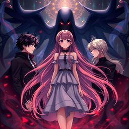 An anime-style cover featuring a beautiful girl with long, flowing hair, standing confidently in the center, exuding charm and allure