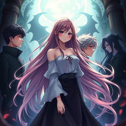 An anime-style cover featuring a beautiful girl with long, flowing hair, standing confidently in the center, exuding charm and allure