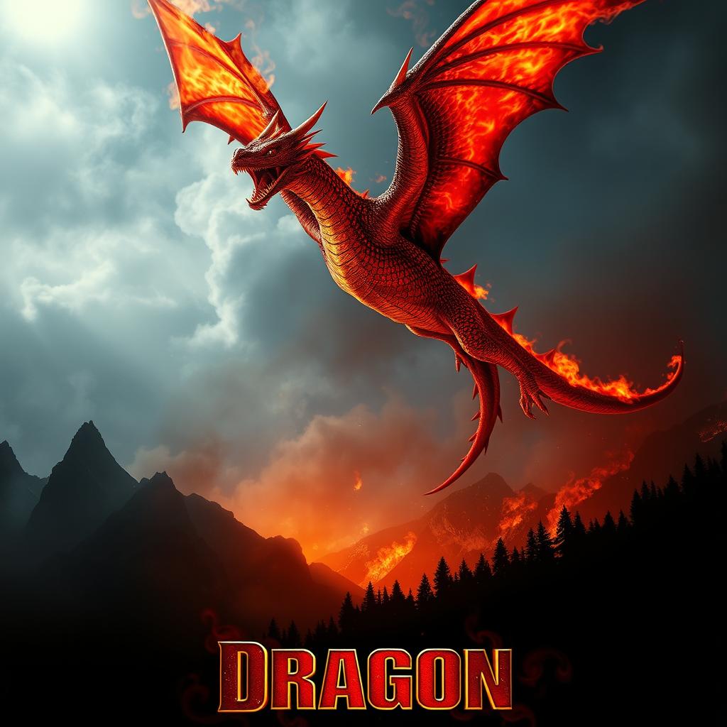 A dramatic movie poster featuring a majestic fire-breathing dragon soaring through a fiery sky, with its wings spread wide