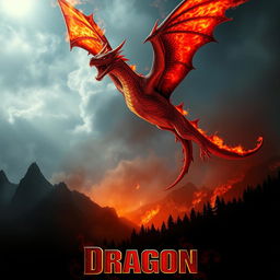 A dramatic movie poster featuring a majestic fire-breathing dragon soaring through a fiery sky, with its wings spread wide