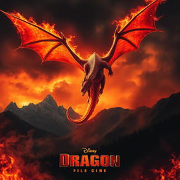 A dramatic movie poster featuring a majestic fire-breathing dragon soaring through a fiery sky, with its wings spread wide