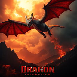 A dramatic movie poster featuring a majestic fire-breathing dragon soaring through a fiery sky, with its wings spread wide