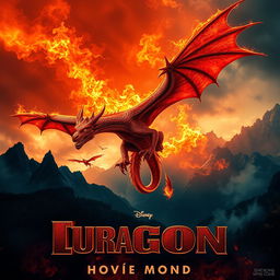 A dramatic movie poster featuring a majestic fire-breathing dragon soaring through a fiery sky, with its wings spread wide