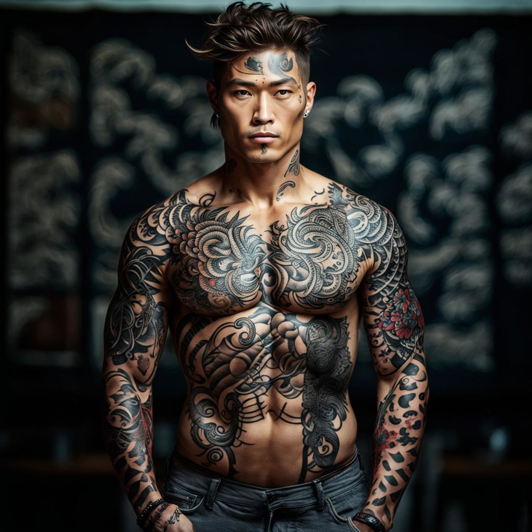 A handsome male model with a full-body black Japanese Irezumi tattoo, photographed with a 200mm lens.