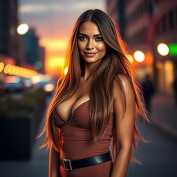 A stunning woman with long flowing hair cascading over her shoulders, wearing a stylish and form-fitting outfit that accentuates her figure
